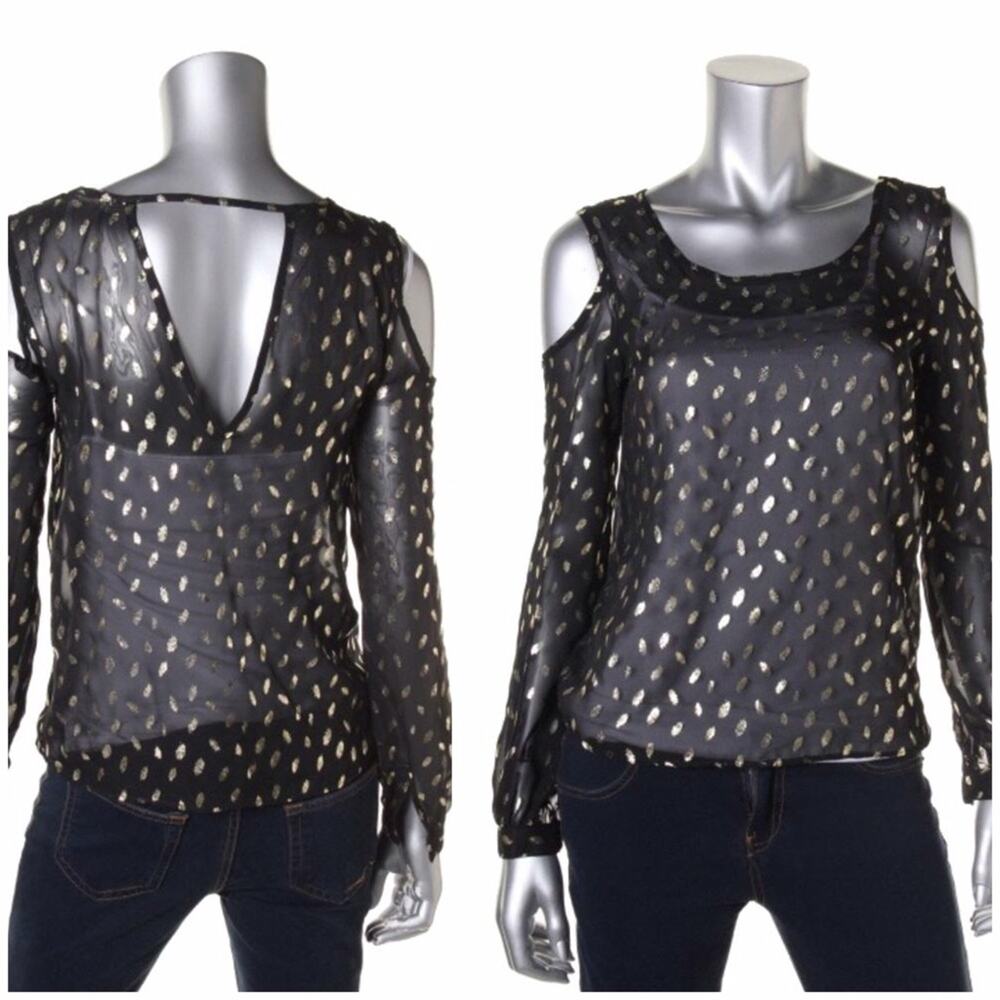 LOVE, FIRE Black Gold Sheer Cold Shoulder Black Blouse Top SMALL Long Sleeve